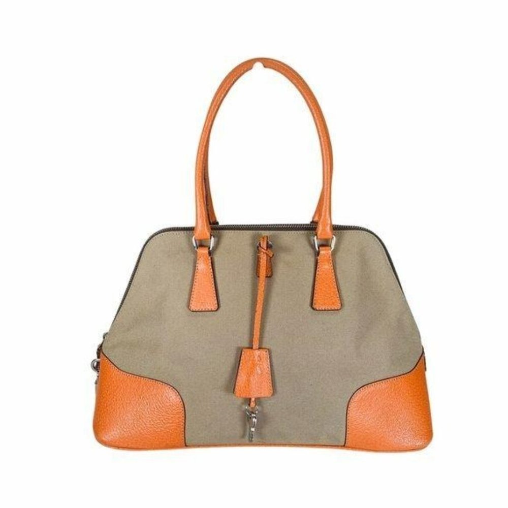 Prada satchel bag orange beige canvas leather